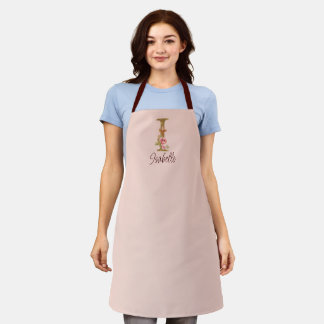 Custom Name Letter I Gold Foil Blush Pink Roses Apron