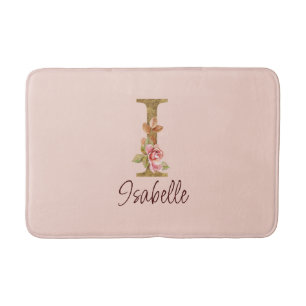Custom Name Letter I Gold Foil Blush Pink Roses Bath Mat