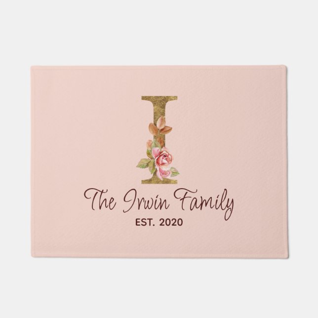 Custom Name Letter I Gold Foil Blush Pink Roses Doormat (Front)