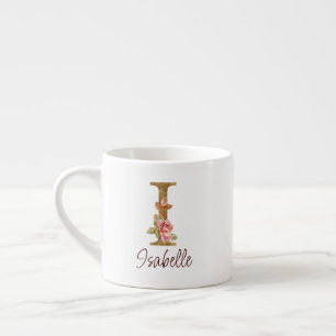 Custom Name Letter I Gold Foil Blush Pink Roses Espresso Cup