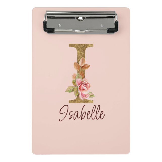 Custom Name Letter I Gold Foil Blush Pink Roses Mini Clipboard (Front)
