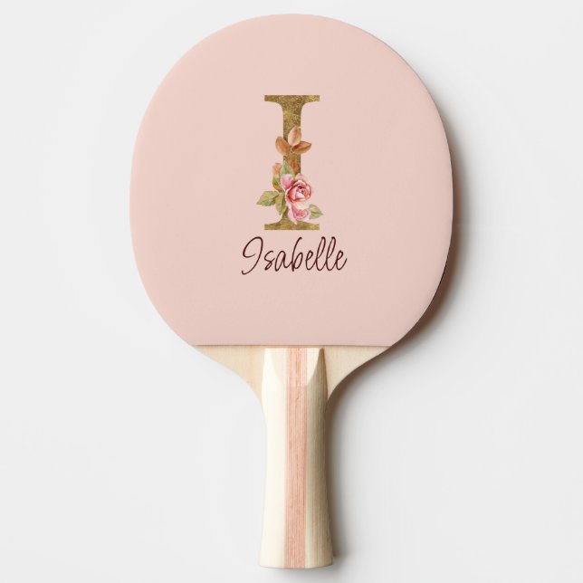 Custom Name Letter I Gold Foil Blush Pink Roses Ping Pong Paddle (Front)