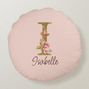 Custom Name Letter I Gold Foil Blush Pink Roses Round Pillow