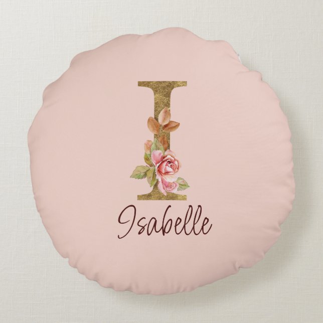Custom Name Letter I Gold Foil Blush Pink Roses Round Pillow (Back)