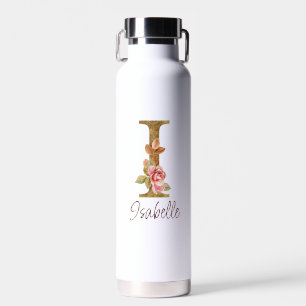 Custom Name Letter I Gold Foil Blush Pink Roses Water Bottle