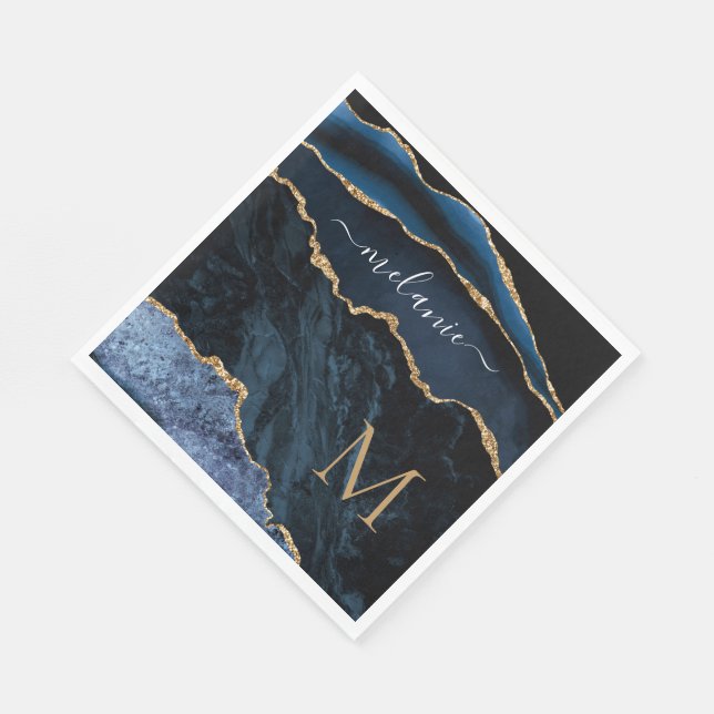 Custom Name Letter Navy Blue Gold Marble Napkins (Corner)