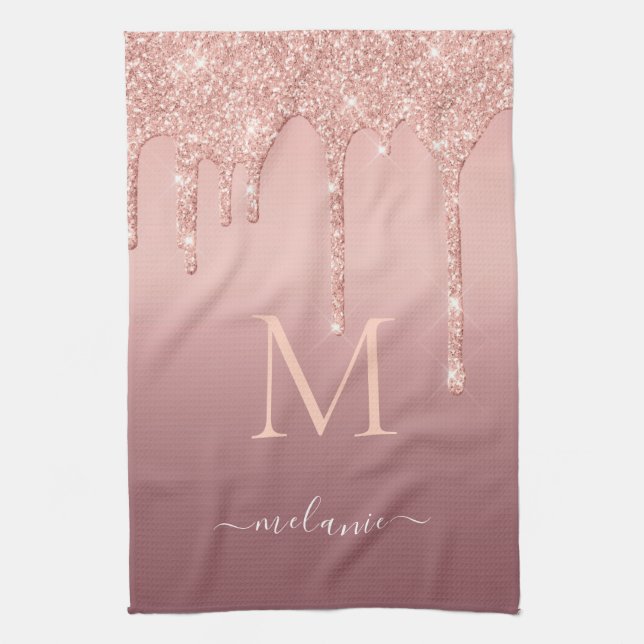 Custom Name Letter Rose Gold Glitter Kitchen Towel (Vertical)