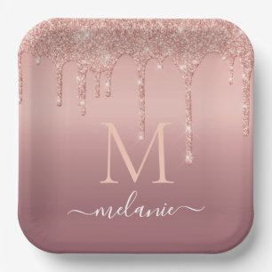Custom Name Letter Rose Gold Glitter Paper Plates