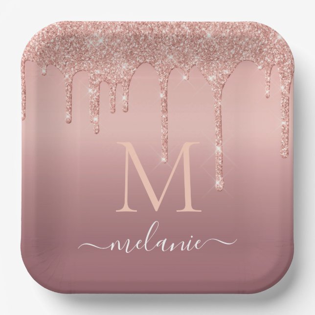 Custom Name Letter Rose Gold Glitter Paper Plates (Front)