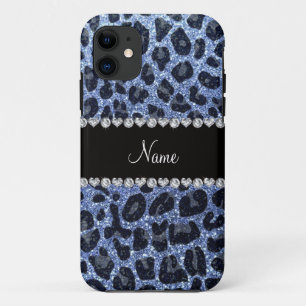 Custom name light blue glitter leopard print iPhone 11 case