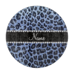 Custom name light blue glitter leopard print cutting board