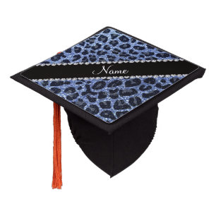 Custom name light blue glitter leopard print graduation cap topper