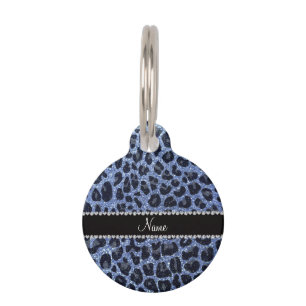 Custom name light blue glitter leopard print pet tag