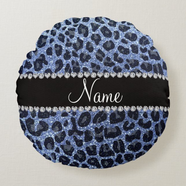 Custom name light blue glitter leopard print round pillow (Front)