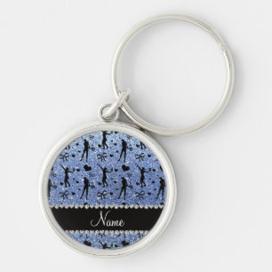 Custom name light blue glitter tennis hearts bows keychain