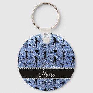 Custom name light blue glitter tennis hearts bows keychain