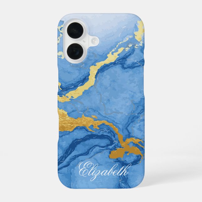 Custom Name Light Blue Marble & Gold iPhone 16 Case (Back)