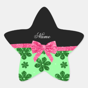 Custom name light green glitter flowers pink bow star sticker