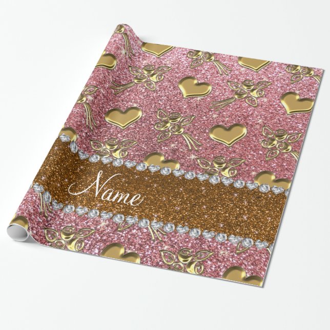 Custom name light pink glitter gold roses hearts wrapping paper (Unrolled)