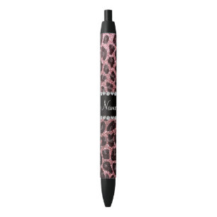 Custom name light pink glitter leopard print black ink pen
