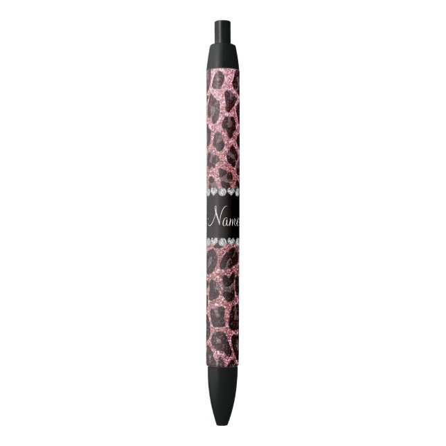 Custom name light pink glitter leopard print black ink pen (Front Vertical)