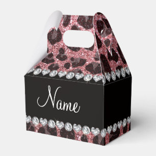 Custom name light pink glitter leopard print favor box