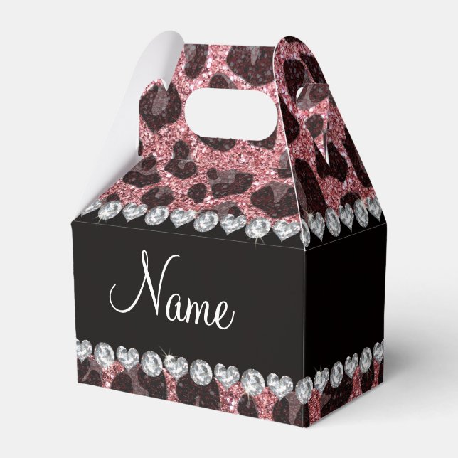 Custom name light pink glitter leopard print favor box (Front Side)