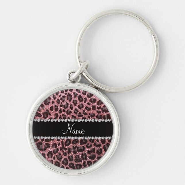 Custom name light pink glitter leopard print keychain (Front)