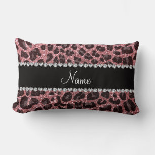 Custom name light pink glitter leopard print lumbar pillow