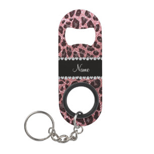 Custom name light pink glitter leopard print mini bottle opener
