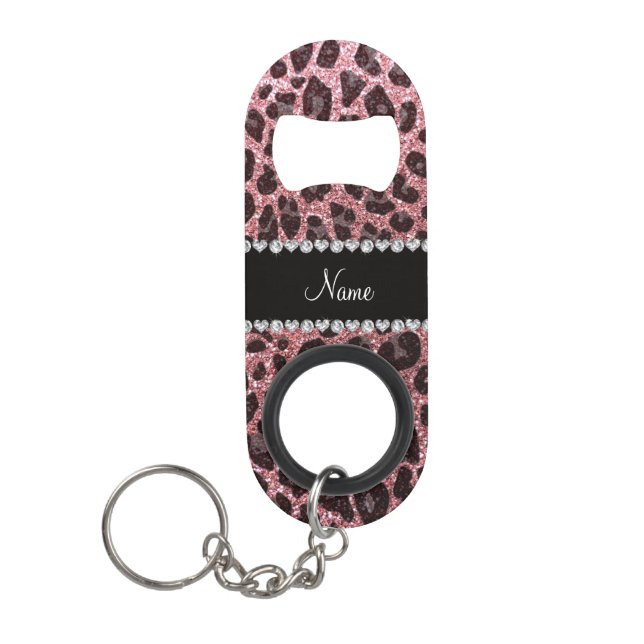 Custom name light pink glitter leopard print mini bottle opener (Front)