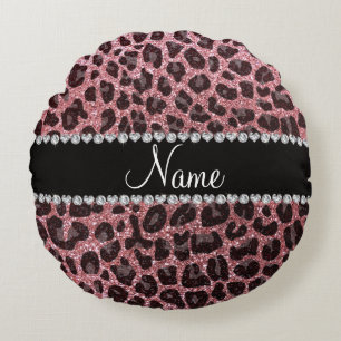 Custom name light pink glitter leopard print round pillow