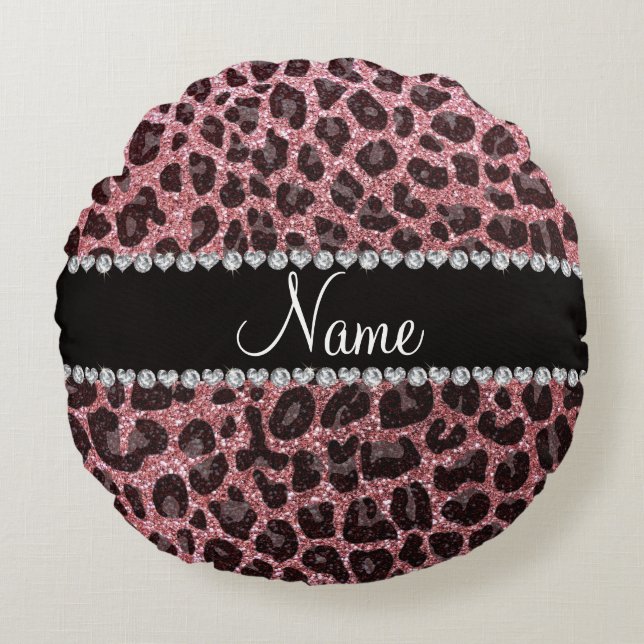 Custom name light pink glitter leopard print round pillow (Front)
