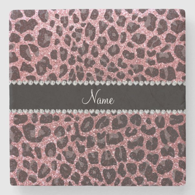 Custom name light pink glitter leopard print stone coaster (Front)