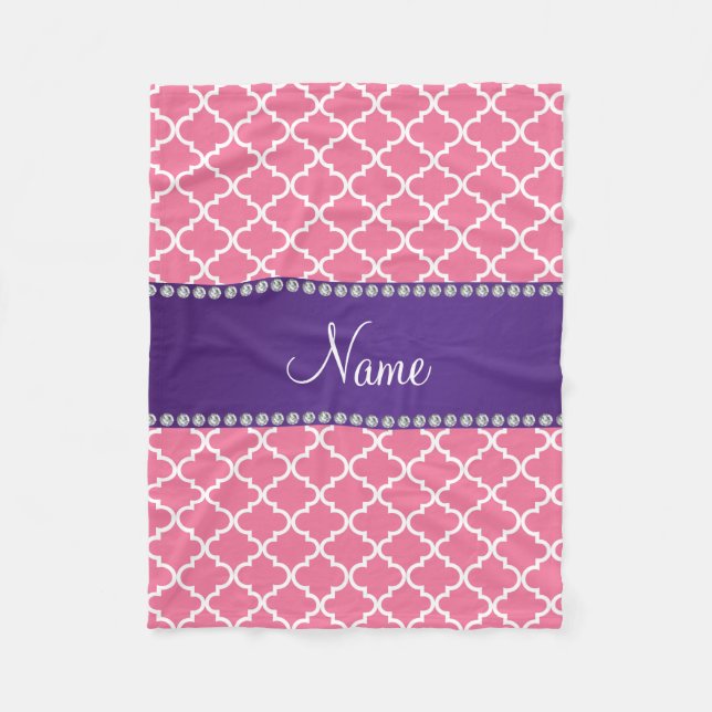 Custom name light pink moroccan purple stripe fleece blanket (Front)