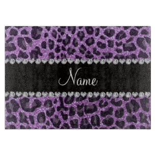 Custom name light purple glitter leopard print cutting board
