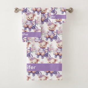 Custom Name Lilac Teddy Bear Girl's Bath Towel Set
