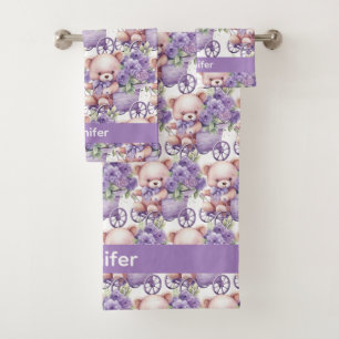 Custom Name Lilac Teddy Bear Girl's Bath Towel Set