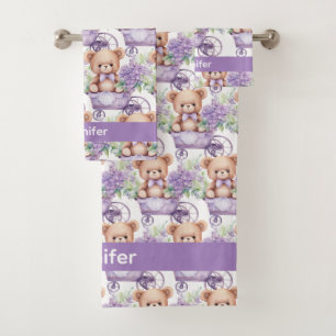 Custom Name Lilac Teddy Bear Girl's Bath Towel Set