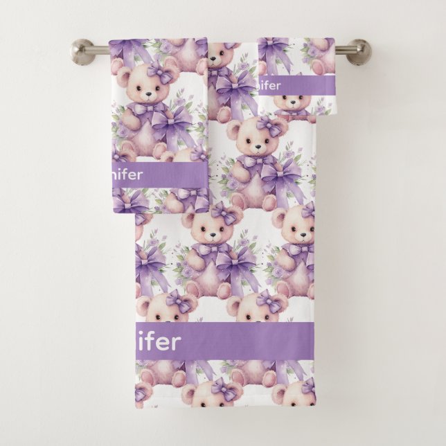 Custom Name Lilac Teddy Bear Girl's Bath Towel Set (Insitu)