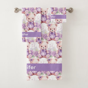 Custom Name Lilac Teddy Bear Girl's Bath Towel Set