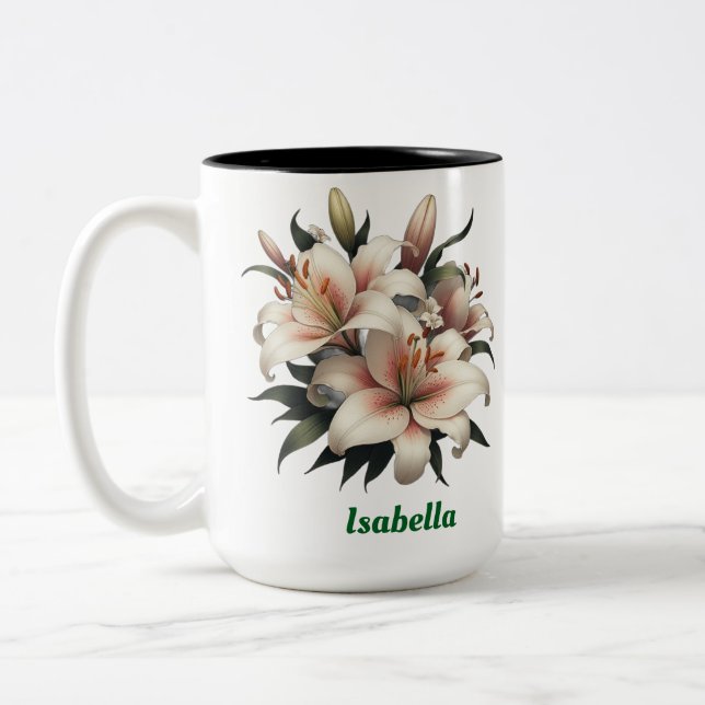 Custom name, lilies Two-Tone coffee Mug, 15 oz Mug (Left)