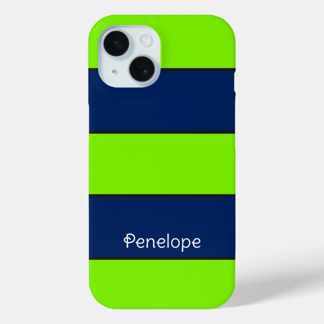 Custom Name Lime Green Dark Blue Stripes Case-Mate iPhone Case (Back)