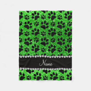 Custom name lime green glitter black dog paws fleece blanket
