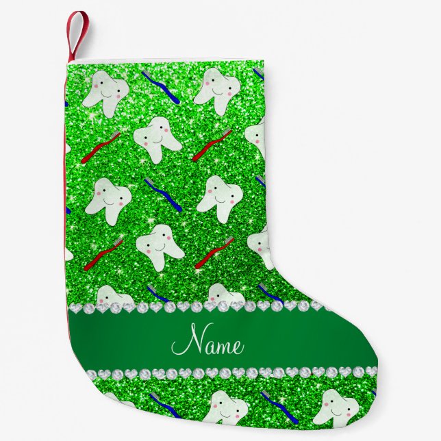 Custom name lime green glitter brushes and tooth small christmas stocking (Front)