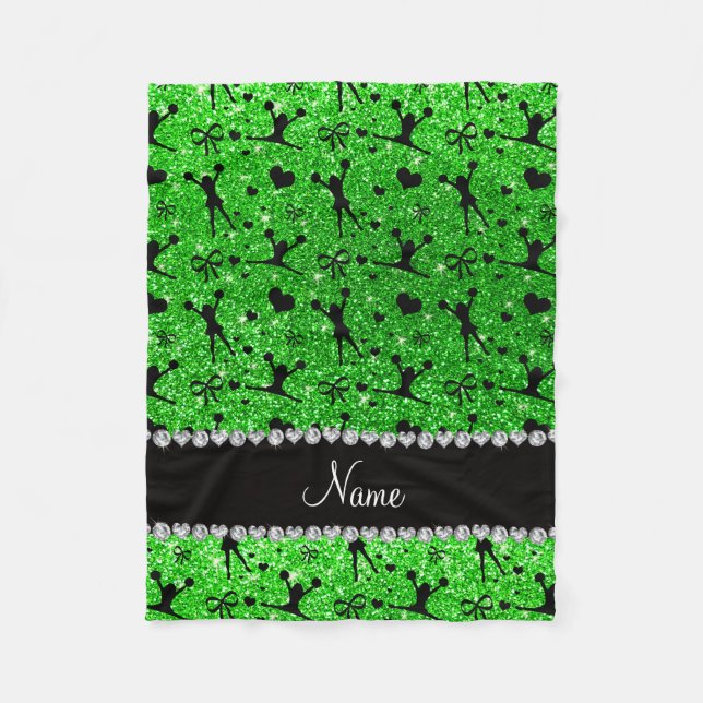 Custom name lime green glitter cheerleading fleece blanket (Front)