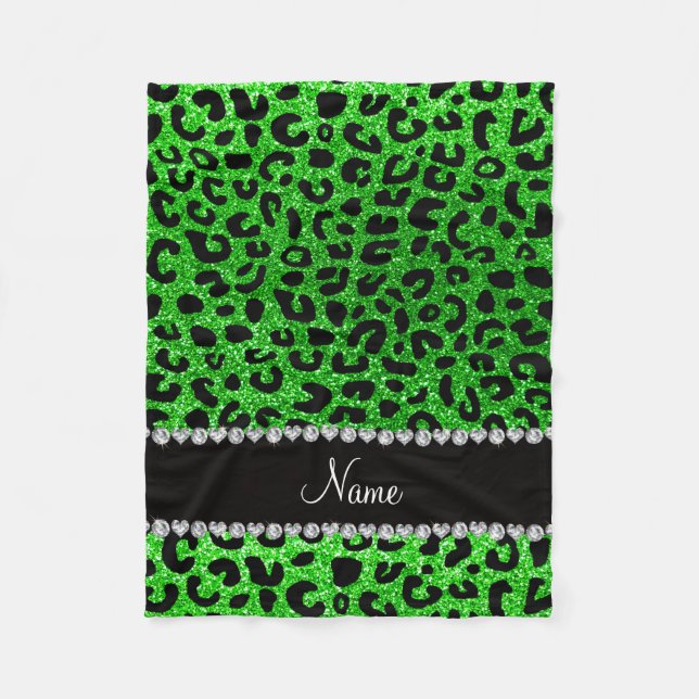Custom name lime green glitter cheetah print fleece blanket (Front)