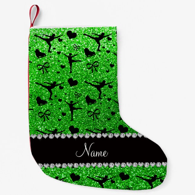 Custom name lime green glitter figure skating small christmas stocking (Front)