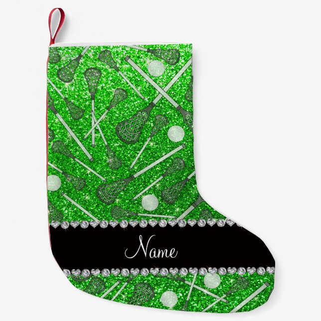Custom name lime green glitter lacrosse sticks small christmas stocking (Front)