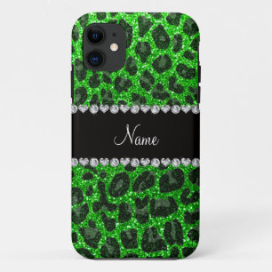 Custom name lime green glitter leopard print iPhone 11 case